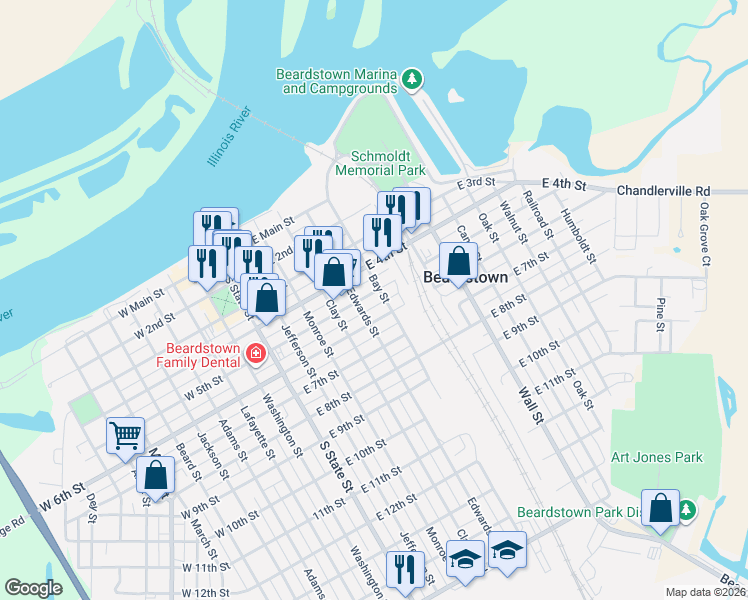 map of restaurants, bars, coffee shops, grocery stores, and more near 513 North Bay Street in Beardstown