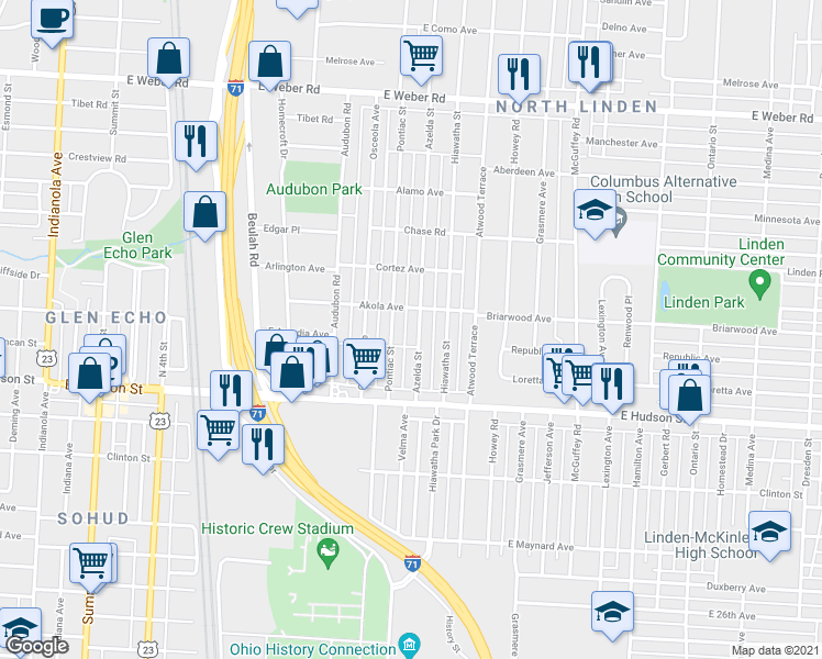 map of restaurants, bars, coffee shops, grocery stores, and more near 2535 Azelda Street in Columbus