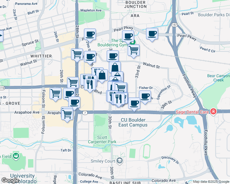 map of restaurants, bars, coffee shops, grocery stores, and more near 1843 Arapahoe Avenue in Boulder
