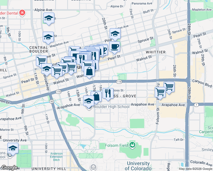 map of restaurants, bars, coffee shops, grocery stores, and more near 1802 Canyon Boulevard in Boulder