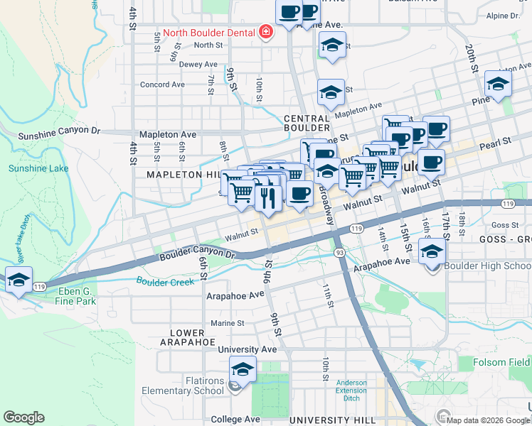 map of restaurants, bars, coffee shops, grocery stores, and more near 908 Pearl Street in Boulder