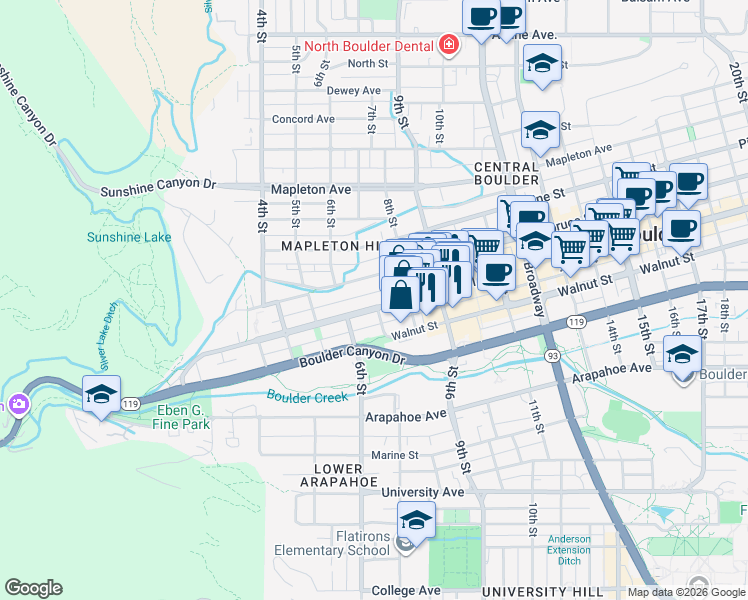 map of restaurants, bars, coffee shops, grocery stores, and more near 709-715 Pearl Street in Boulder