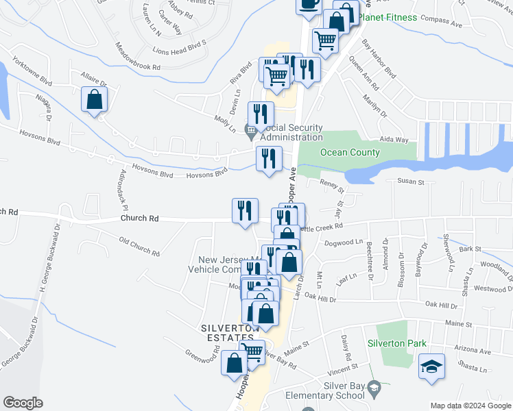 map of restaurants, bars, coffee shops, grocery stores, and more near 1922 Hooper Avenue in Toms River