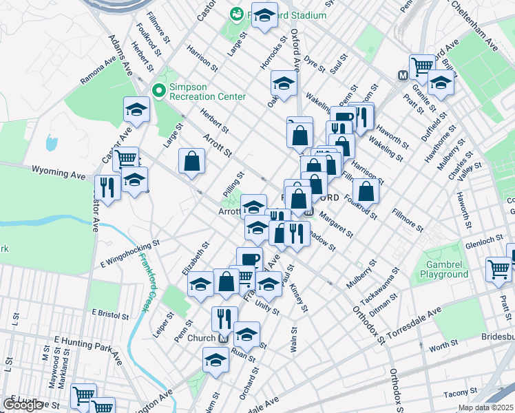 map of restaurants, bars, coffee shops, grocery stores, and more near 4643 Leiper Street in Philadelphia