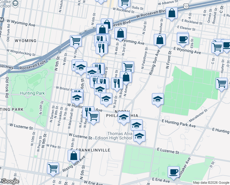 map of restaurants, bars, coffee shops, grocery stores, and more near 4320 North 3rd Street in Philadelphia