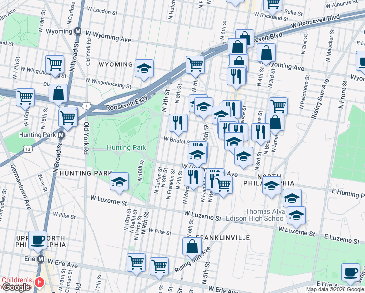 map of restaurants, bars, coffee shops, grocery stores, and more near 632 West Bristol Street in Philadelphia