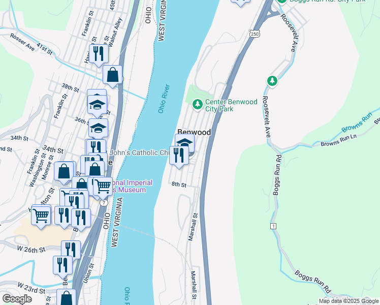 map of restaurants, bars, coffee shops, grocery stores, and more near 42-52 6th Street in Benwood