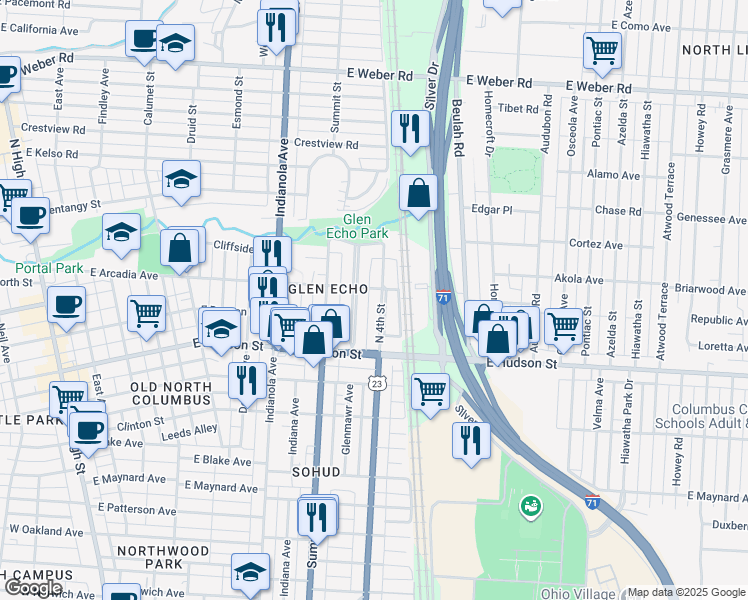 map of restaurants, bars, coffee shops, grocery stores, and more near 2603 North 4th Street in Columbus