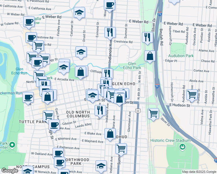 map of restaurants, bars, coffee shops, grocery stores, and more near 2627 Indianola Avenue in Columbus