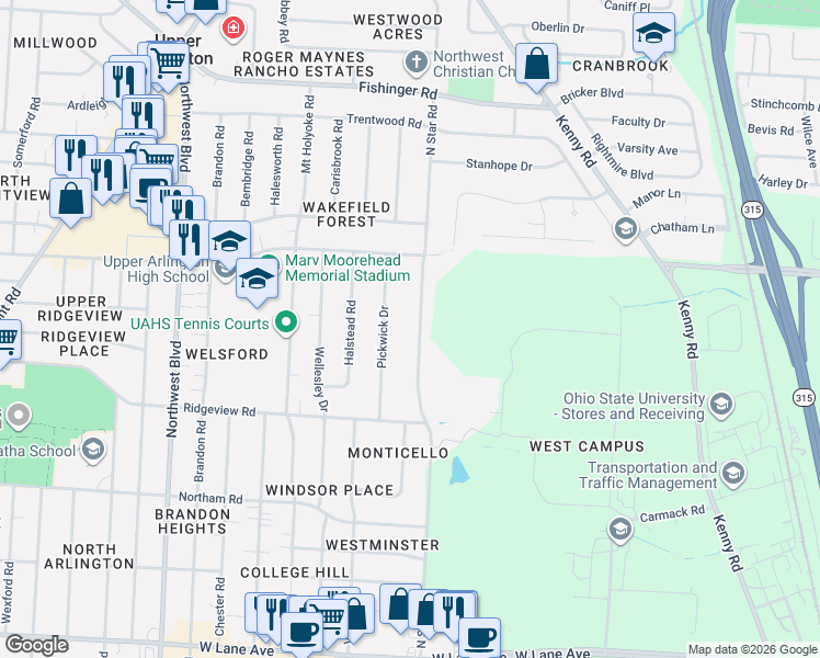 map of restaurants, bars, coffee shops, grocery stores, and more near 2896 Pickwick Drive in Columbus