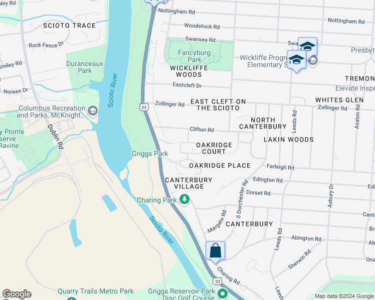 map of restaurants, bars, coffee shops, grocery stores, and more near 2828 Churchill Drive in Upper Arlington