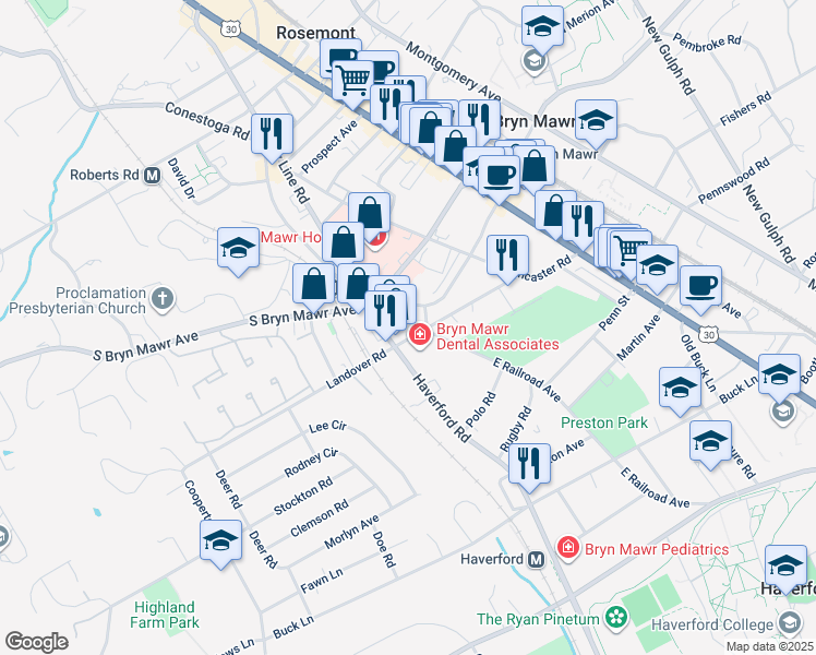 map of restaurants, bars, coffee shops, grocery stores, and more near 714 West Railroad Avenue in Bryn Mawr