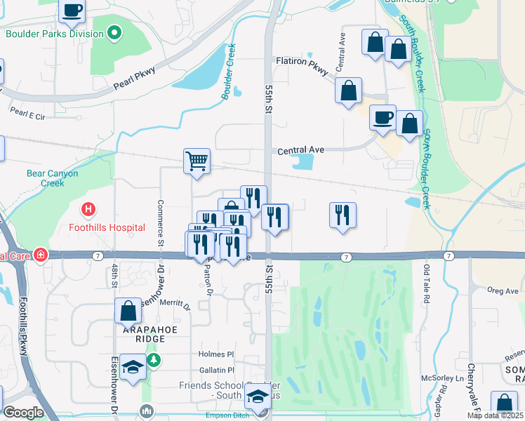 map of restaurants, bars, coffee shops, grocery stores, and more near 1844 55th Street in Boulder