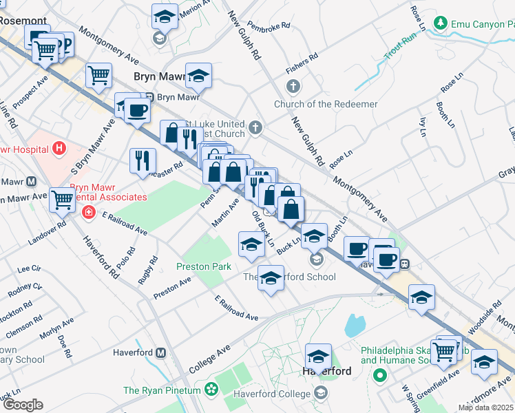 map of restaurants, bars, coffee shops, grocery stores, and more near 562 U.S. 30 in Haverford