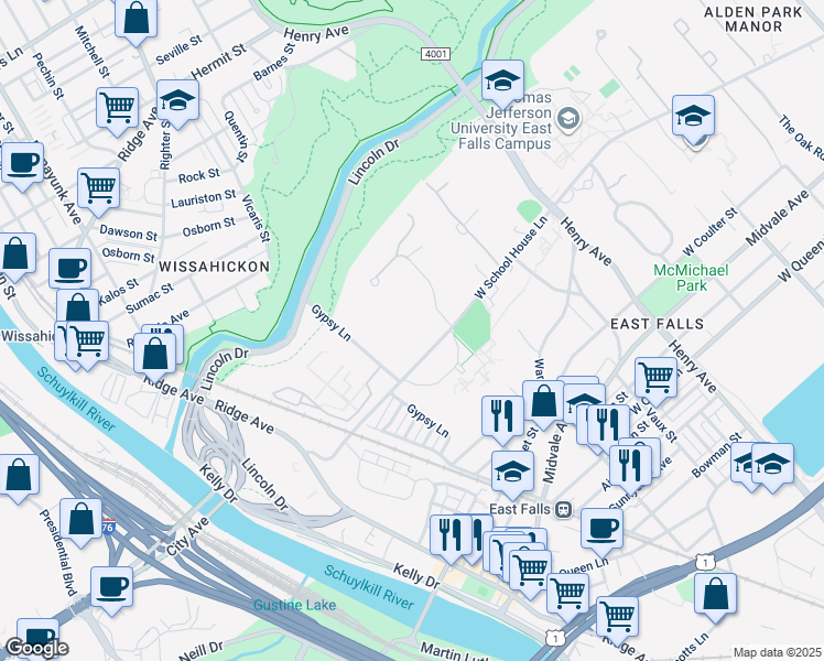 map of restaurants, bars, coffee shops, grocery stores, and more near 3525R West School House Lane in Philadelphia
