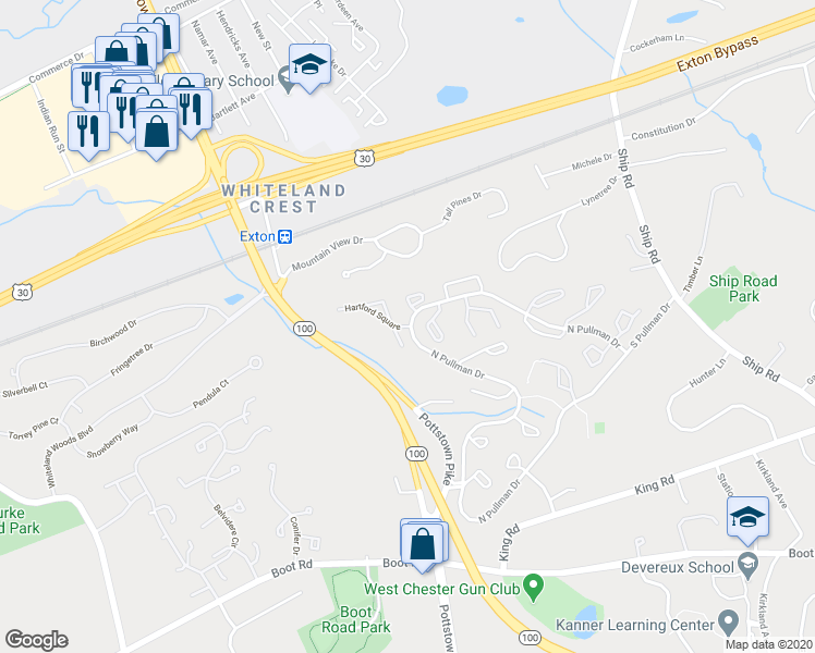 map of restaurants, bars, coffee shops, grocery stores, and more near 466 Hartford Square in West Chester