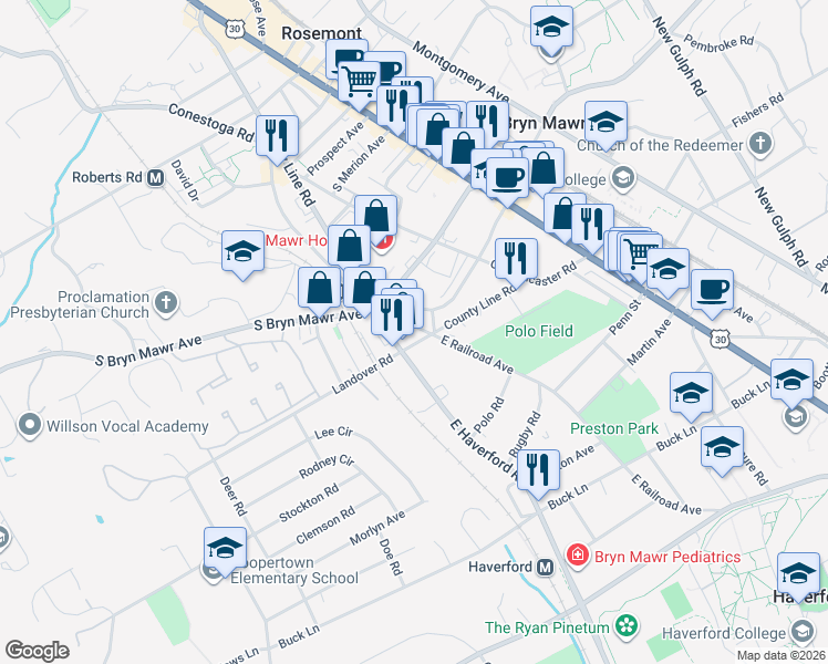 map of restaurants, bars, coffee shops, grocery stores, and more near 151 Pennsylvania Avenue in Bryn Mawr