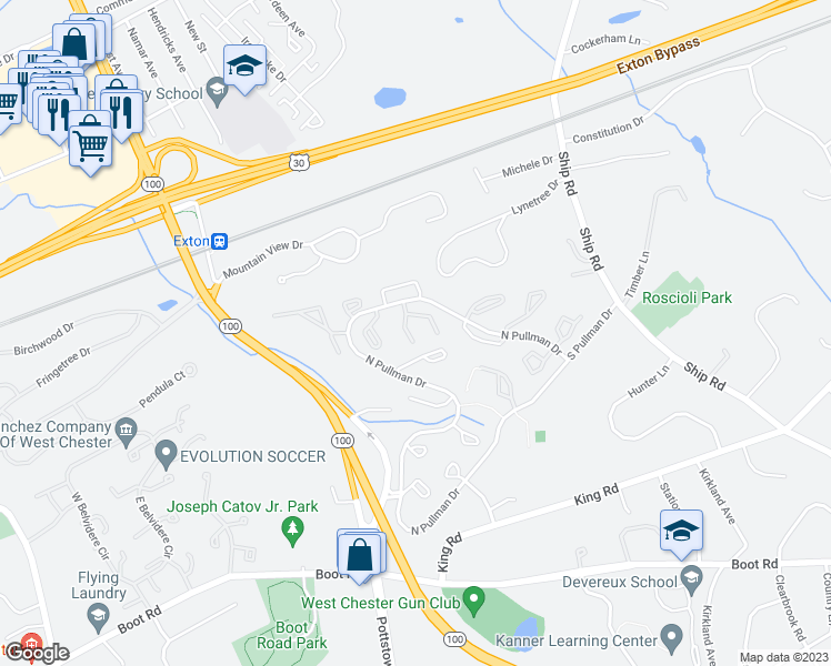map of restaurants, bars, coffee shops, grocery stores, and more near 658 Metro Court in West Chester