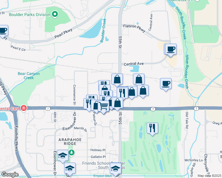 map of restaurants, bars, coffee shops, grocery stores, and more near 5445 Conestoga Court in Boulder