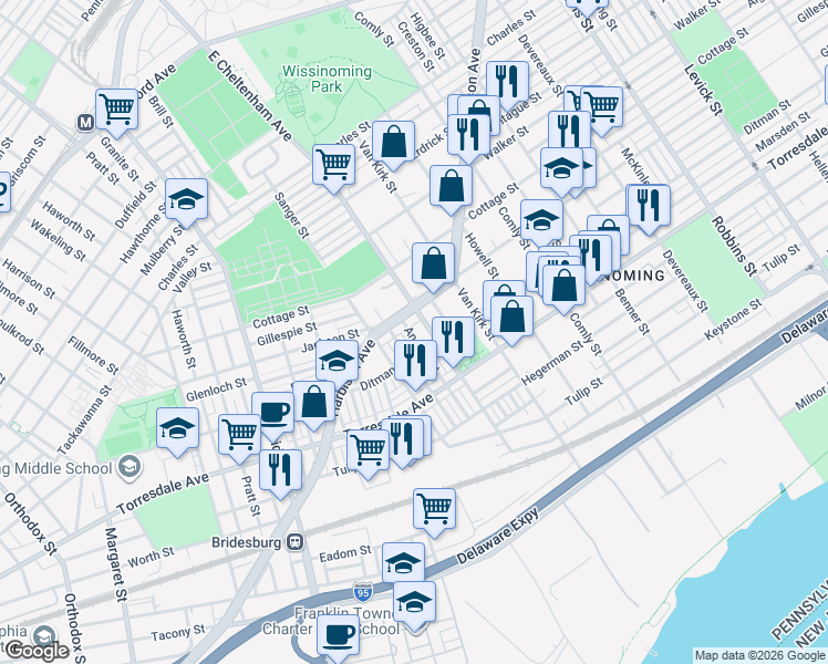 map of restaurants, bars, coffee shops, grocery stores, and more near 2025 East Cheltenham Avenue in Philadelphia