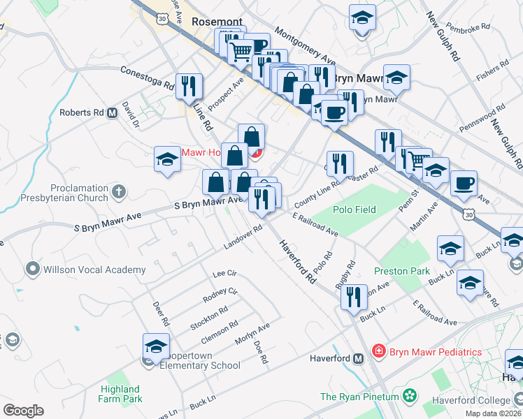 map of restaurants, bars, coffee shops, grocery stores, and more near 746 West Railroad Avenue in Bryn Mawr