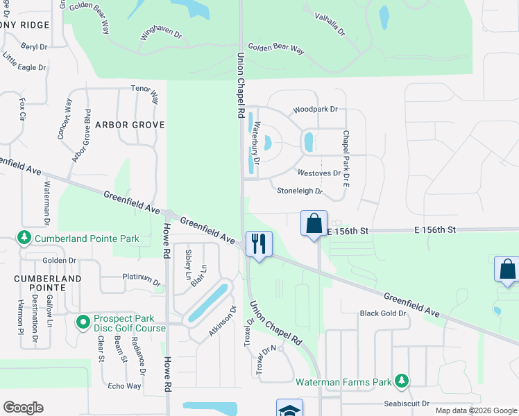 map of restaurants, bars, coffee shops, grocery stores, and more near 10814 Matherly Way in Noblesville