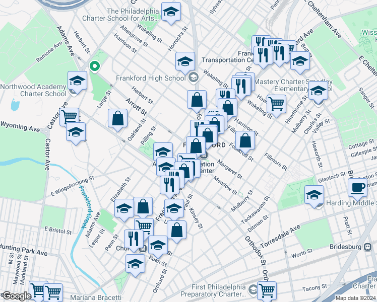 map of restaurants, bars, coffee shops, grocery stores, and more near 4670 Griscom Street in Philadelphia