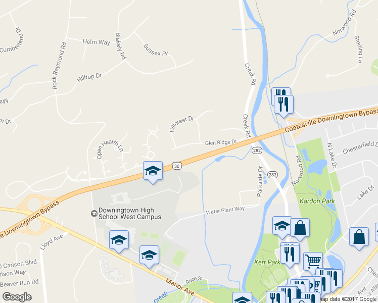 map of restaurants, bars, coffee shops, grocery stores, and more near 106 Glen Ridge Drive in Downingtown