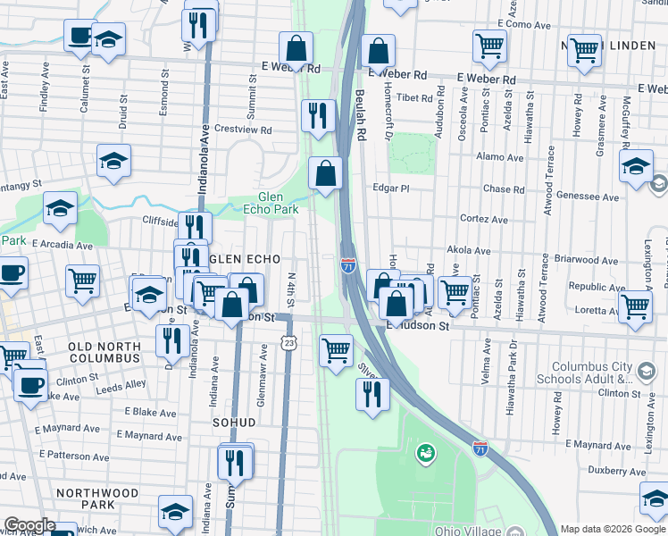 map of restaurants, bars, coffee shops, grocery stores, and more near 2571 Silver Drive in Columbus