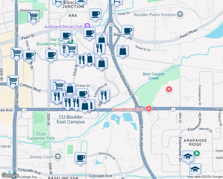 map of restaurants, bars, coffee shops, grocery stores, and more near 1715-1775 38th Street in Boulder