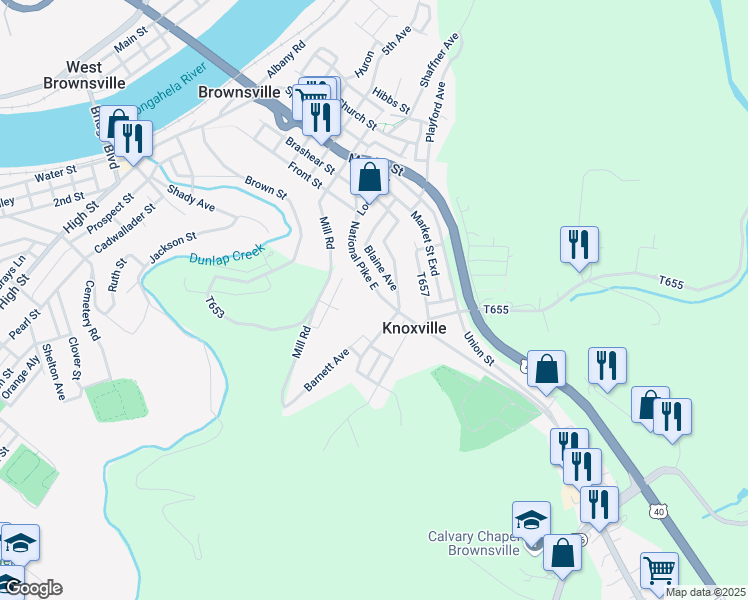 map of restaurants, bars, coffee shops, grocery stores, and more near 329 National Pike East in Brownsville