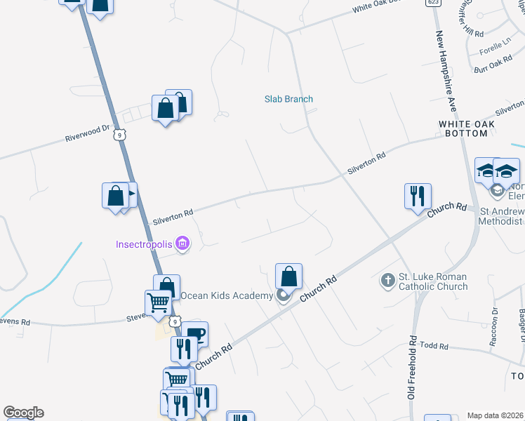 map of restaurants, bars, coffee shops, grocery stores, and more near 1183 Silverton Road in Toms River