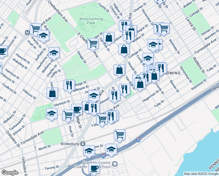 map of restaurants, bars, coffee shops, grocery stores, and more near 5519 Harbison Avenue in Philadelphia