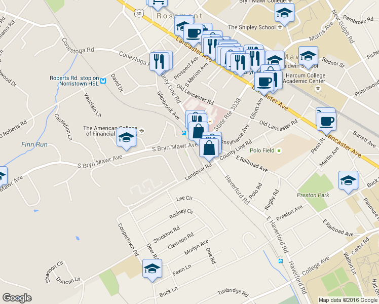 map of restaurants, bars, coffee shops, grocery stores, and more near 221 Brook Street in Bryn Mawr