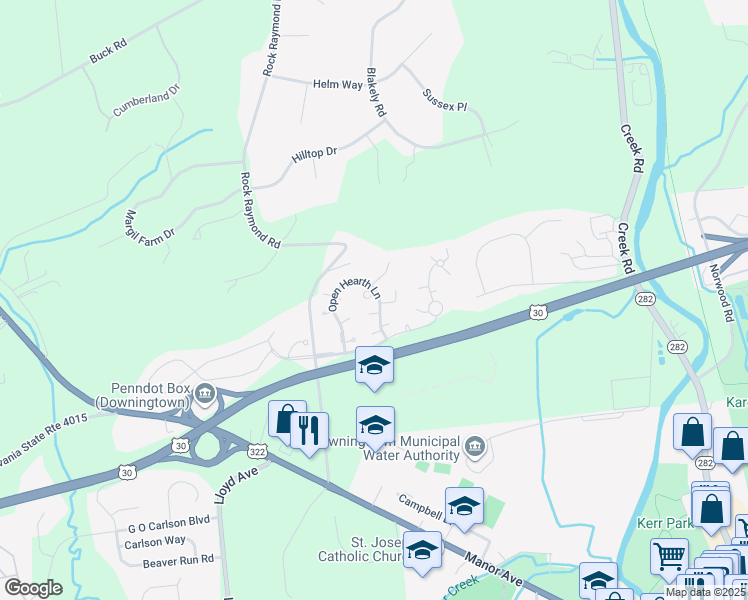 map of restaurants, bars, coffee shops, grocery stores, and more near 1802 Burnt Coal Circle in Downingtown