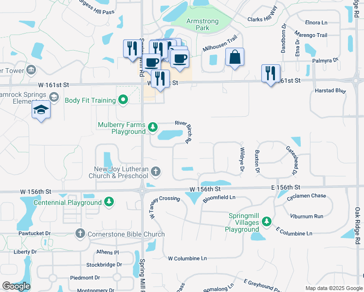 map of restaurants, bars, coffee shops, grocery stores, and more near 15809 River Birch Road in Westfield