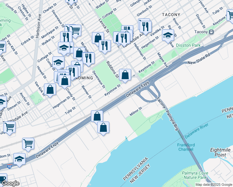 map of restaurants, bars, coffee shops, grocery stores, and more near 6201 Keystone Street in Philadelphia