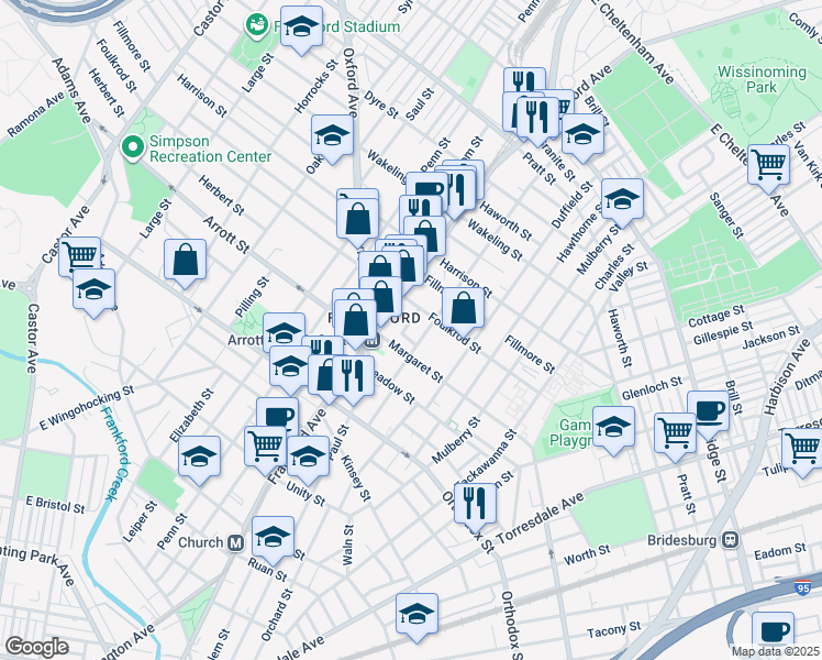map of restaurants, bars, coffee shops, grocery stores, and more near 4727 Salem Street in Philadelphia