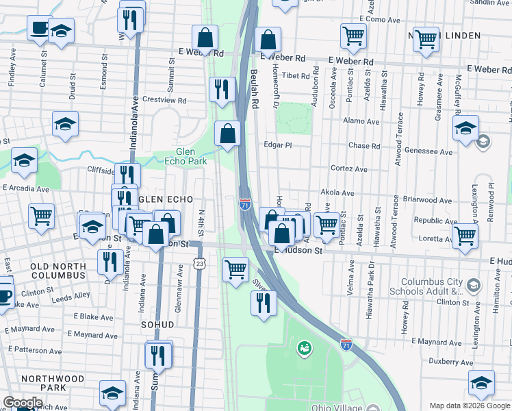 map of restaurants, bars, coffee shops, grocery stores, and more near 2580 Beulah Road in Columbus
