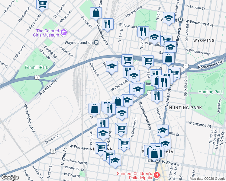 map of restaurants, bars, coffee shops, grocery stores, and more near 4179 Newhall Street in Philadelphia