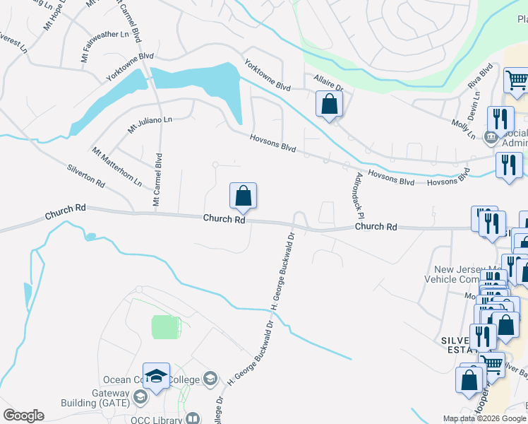 map of restaurants, bars, coffee shops, grocery stores, and more near 2122 Church Road in Toms River