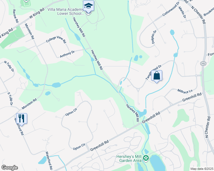 map of restaurants, bars, coffee shops, grocery stores, and more near 1010 Hershey Mill Road in West Chester