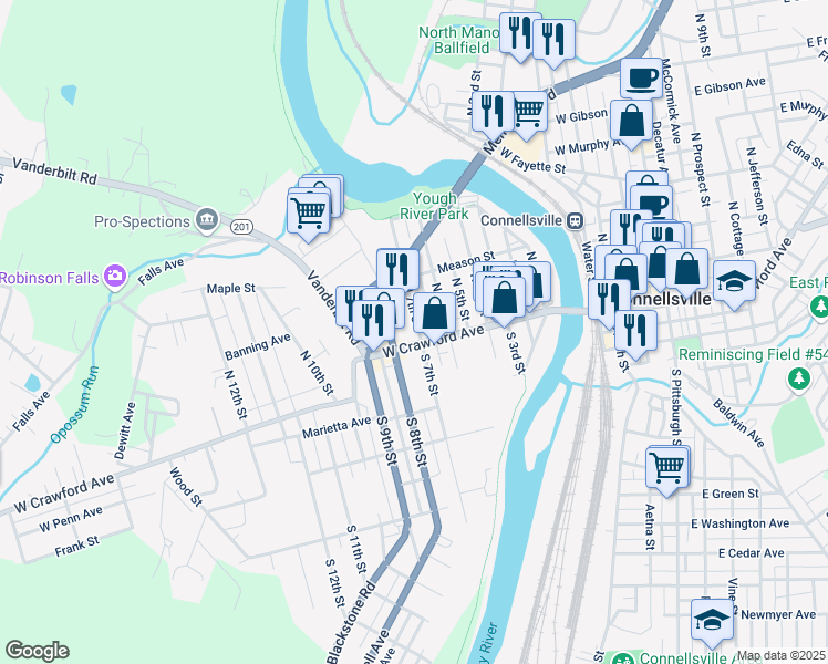 map of restaurants, bars, coffee shops, grocery stores, and more near 904 West Crawford Avenue in Connellsville