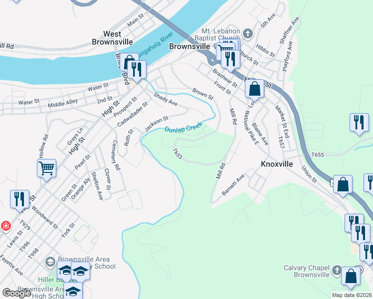 map of restaurants, bars, coffee shops, grocery stores, and more near 217 Matteo Street in Brownsville