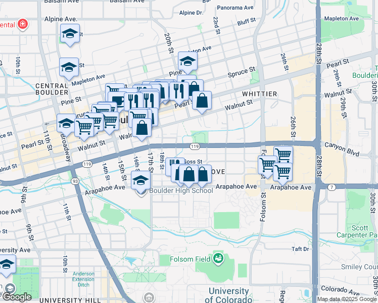 map of restaurants, bars, coffee shops, grocery stores, and more near 1932 Canyon Boulevard in Boulder