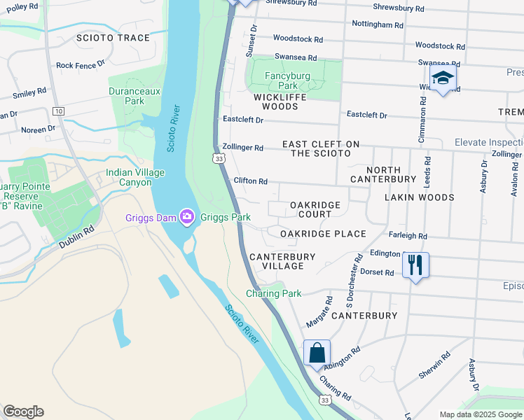 map of restaurants, bars, coffee shops, grocery stores, and more near 3055 Britannia Drive West in Upper Arlington
