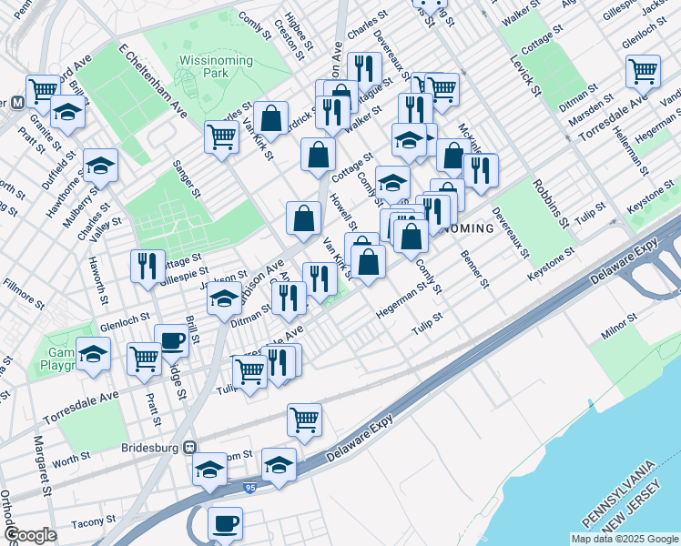 map of restaurants, bars, coffee shops, grocery stores, and more near 4610 Van Kirk Street in Philadelphia