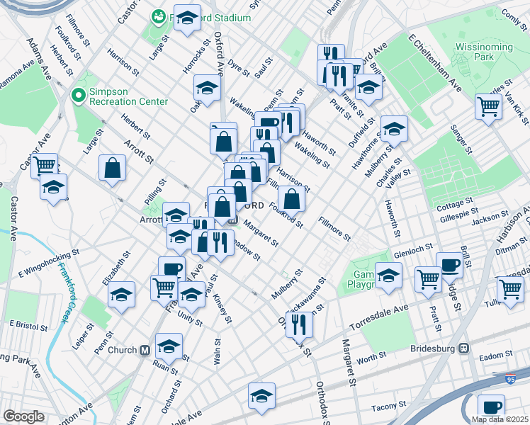 map of restaurants, bars, coffee shops, grocery stores, and more near 4738 Darrah Street in Philadelphia