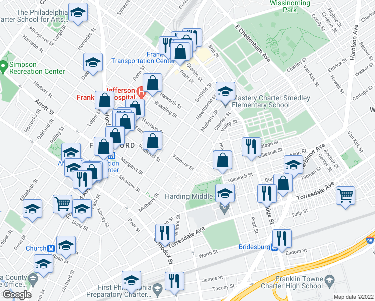 map of restaurants, bars, coffee shops, grocery stores, and more near Harrison St & Mulberry St in Philadelphia