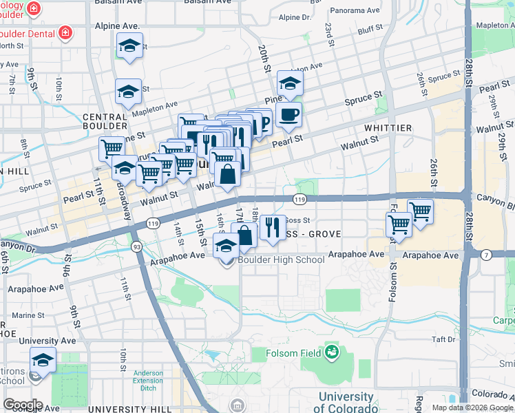 map of restaurants, bars, coffee shops, grocery stores, and more near 1802 Canyon Boulevard in Boulder